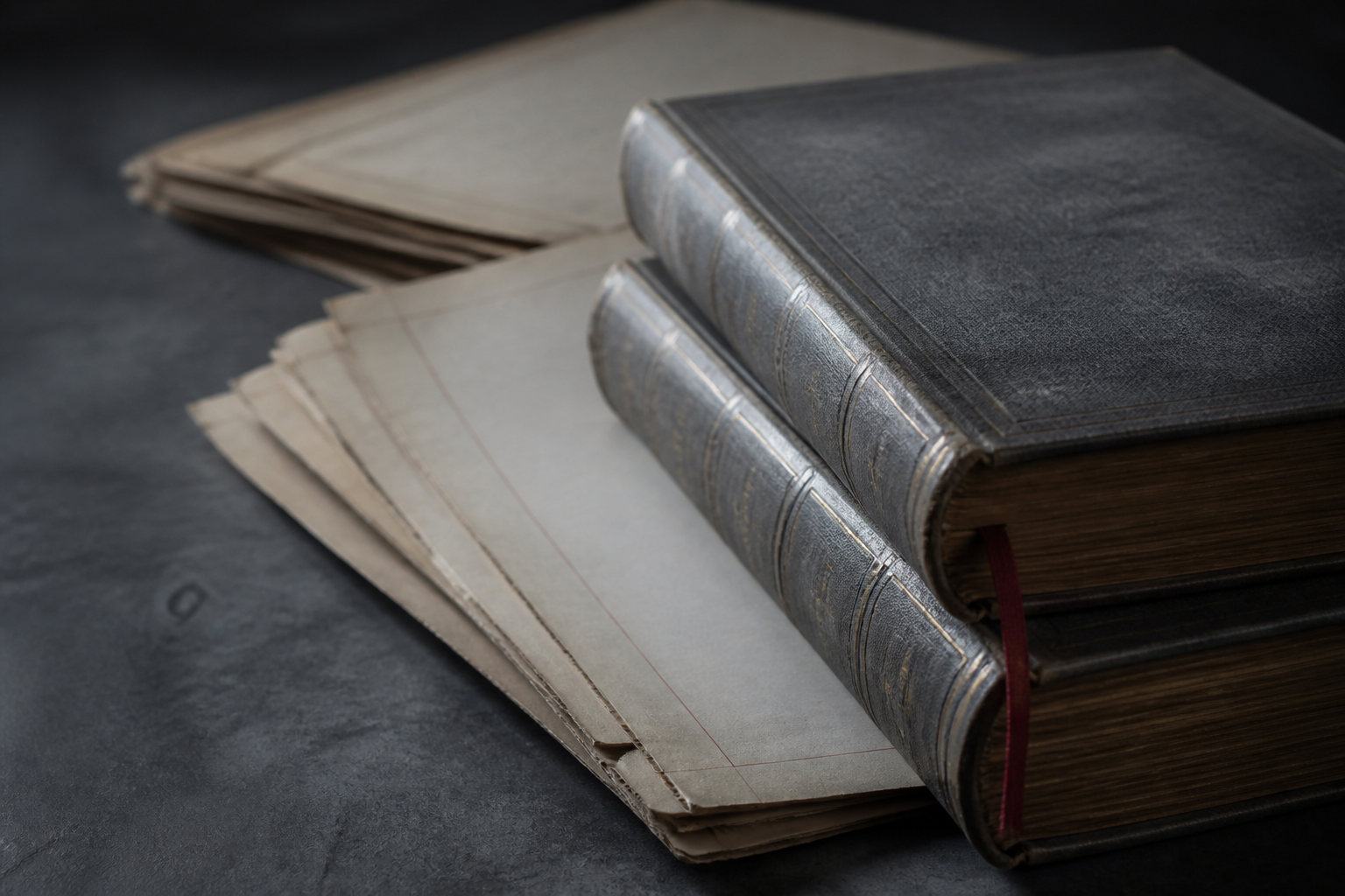 Archival treaty volumes and folio pages on a cool slate desk with a garnet ribbon bookmark
