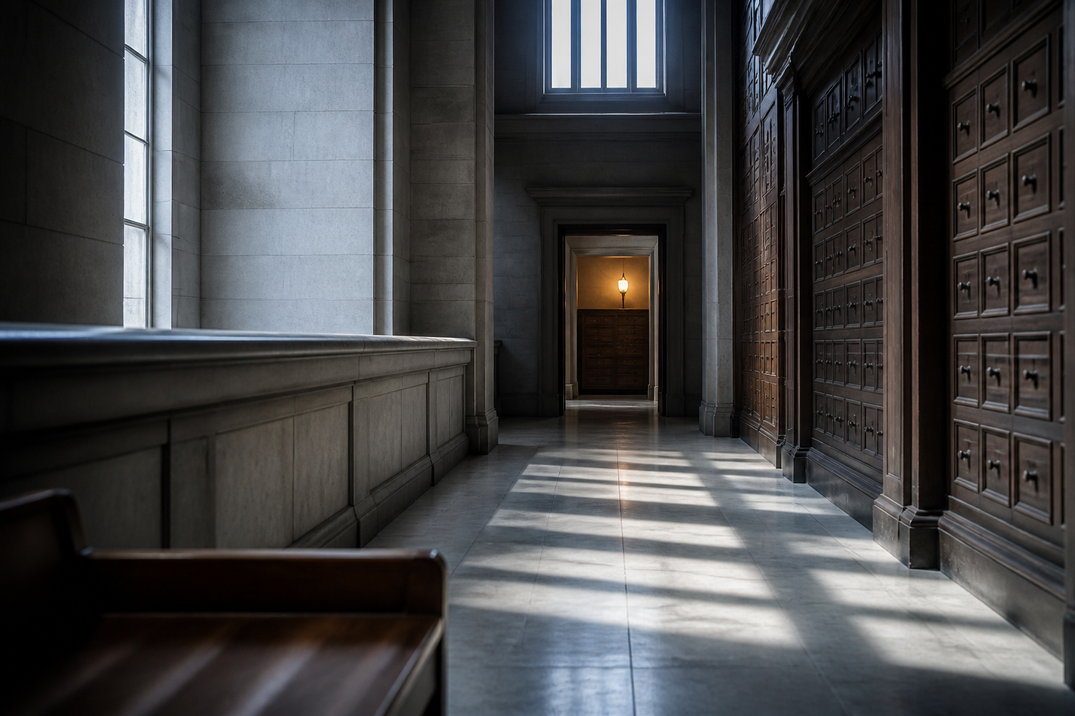 Quiet stone corridor of a European hearing chamber, soft clerestory light across limestone floors